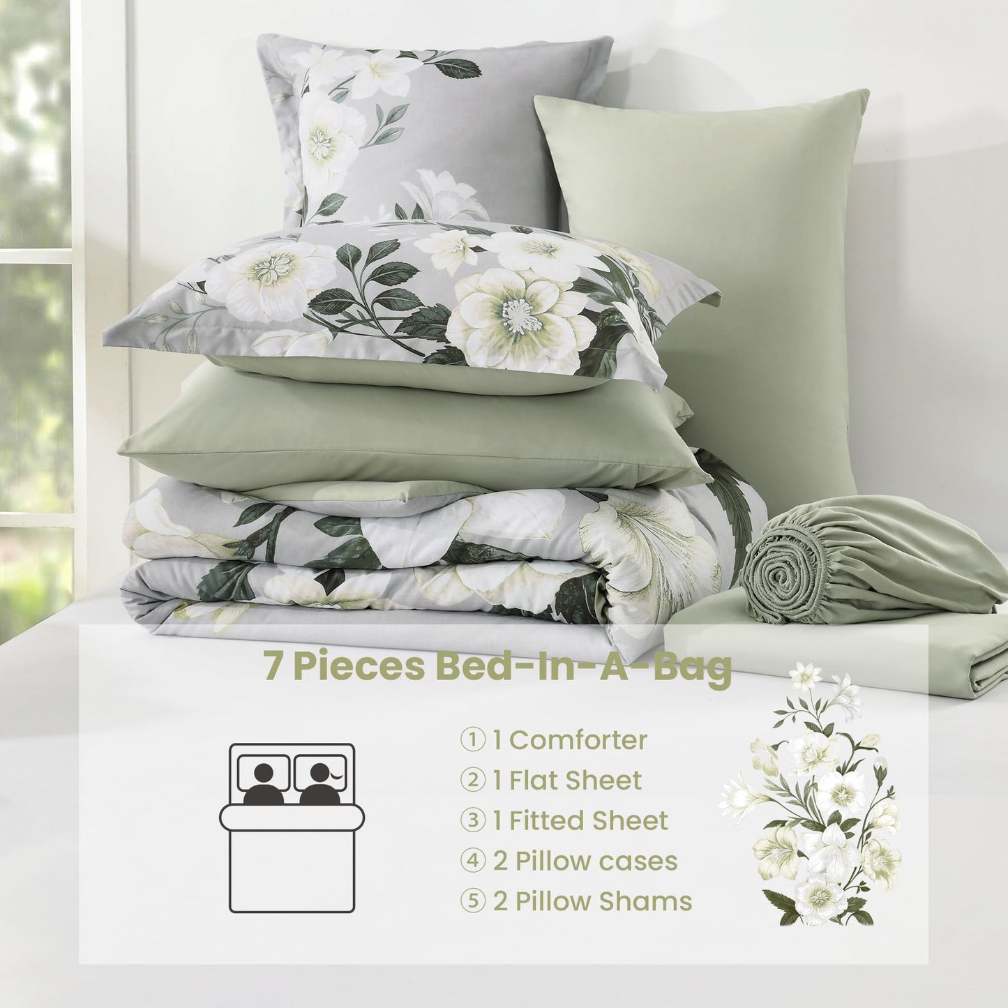 DHSFKBE Floral Comforter Set Queen Size,7 Piece Sage Green Bed in a Bag, Elegant Flower Pattern Comforter Set with Sheet, Soft Microfiber Complete Bedding Sets for All Season