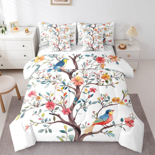 Erosebridal Branches 7 Piece Bedding Set Queen Size Colorful Birds Bed in A Bag Blue Red Vintage Flowers Petals Comforter with Sheets Romantic Girly Style Bed Sets