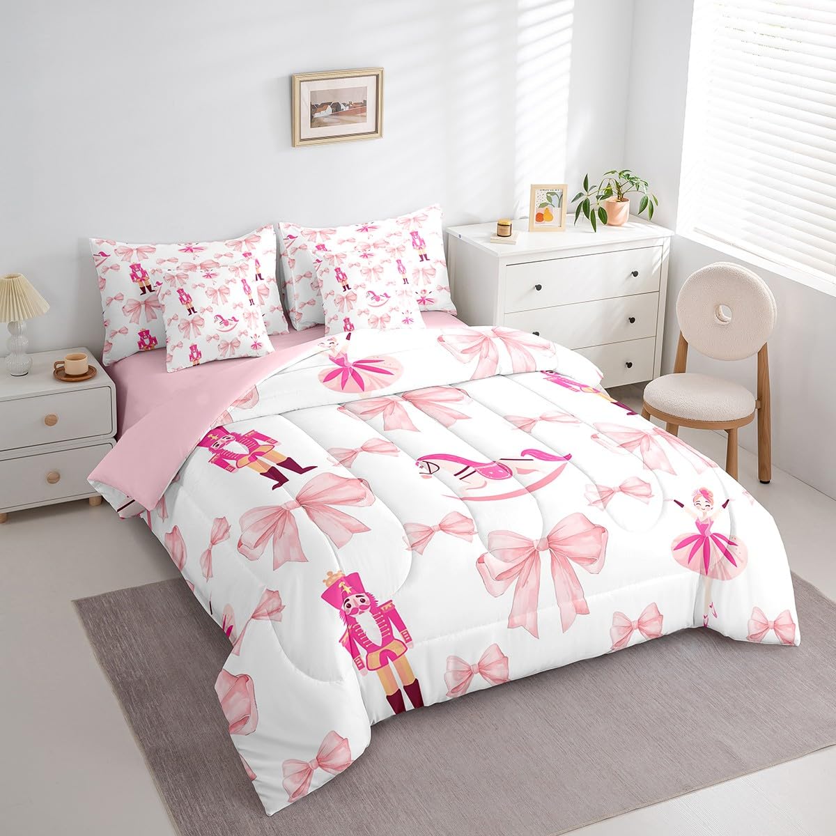 Erosebridal 7 Piece Pink Bow Comforter Set King Bed in a Bag,Cute Nutcracker Bedding Set for Girls Child,Kids Bowknot Trojans Duvet Insert,Ballet Girl Dancer Quilt,Dreamy Princess Style Sheet Set