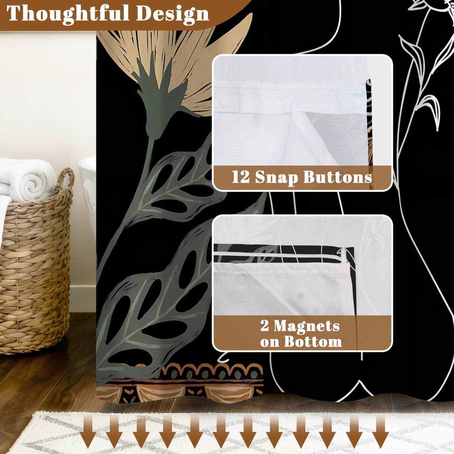 Xiazhilaio Abstract Boho Shower Curtain with Snap in Liner & Mesh Top Window - 71″W x 74″L Waterproof Fabric, Modern Floral Botanical Line Art Bathroom Curtain, Hotel Style No Hooks Bath Curtain Set