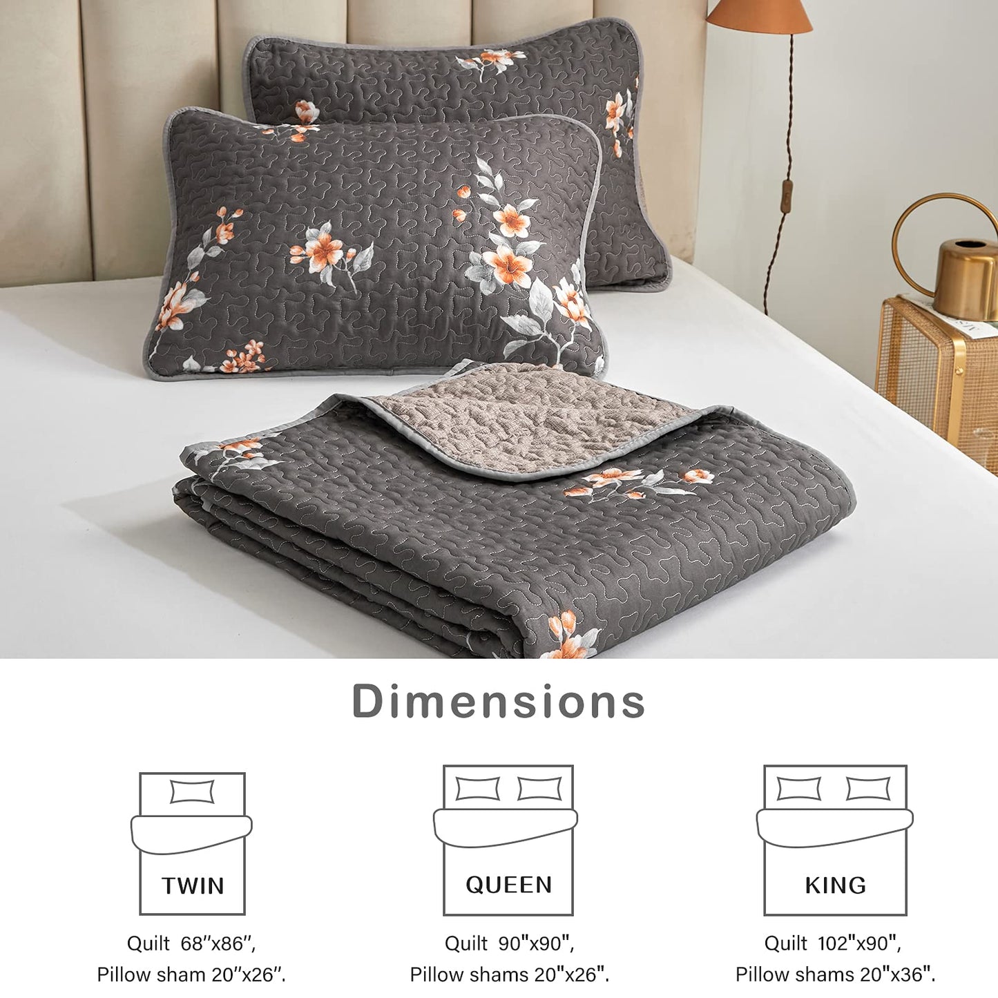 Flysheep 3 Pieces Quilt Set Full/Queen Size, Dark Gray Floral Reversible Bedspread Coverlet Set, Soft Microfiber Lightweight Bed Cover for All Season (90" x 90", 1 Quilt+ 2 Pillow Shams)