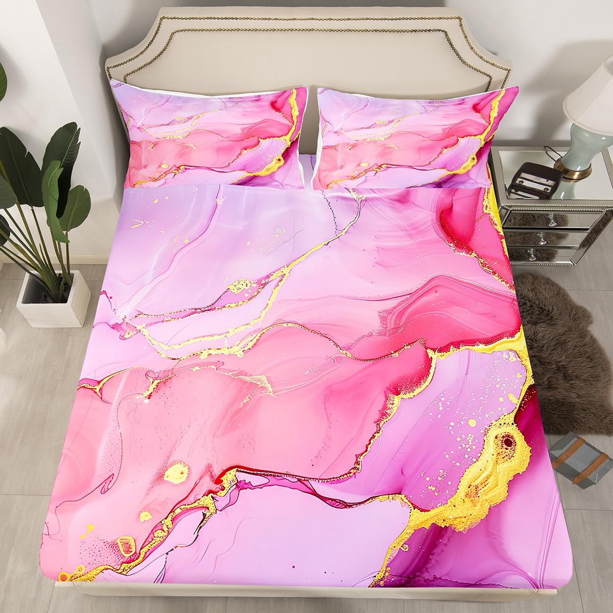 Chic Girly Fitted Sheet Twin, Marble Printed Bedding Sets - Gold Glitter Pink Purple and White Marble Abstract Art Bed Sheets, Soft Microfiber Modern Bedding Decor Set