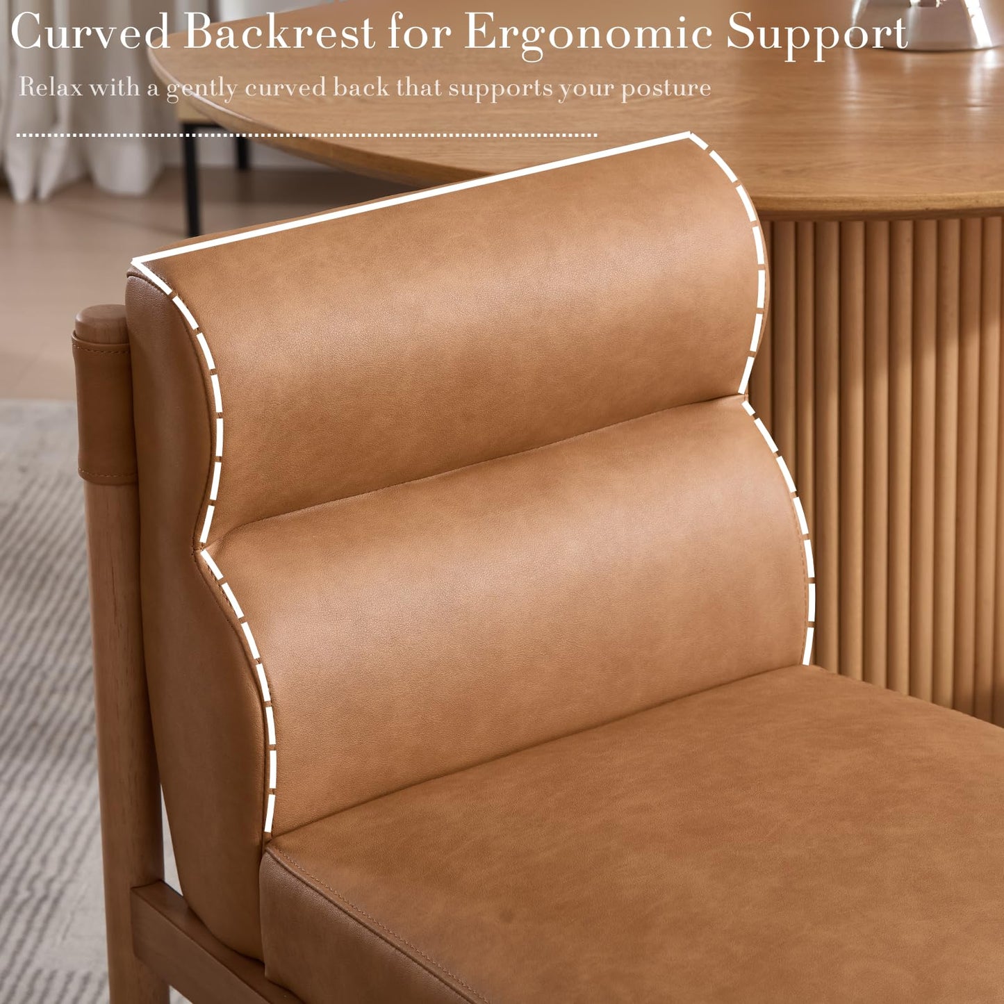 CIMOTA Modern Upholstered Dining Chairs Set of 2, Faux Leather Kitchen & Dining Room Chairs Boucle Armless Side Chairs with Curved Backrest/Solid Wood Legs, PU Brown