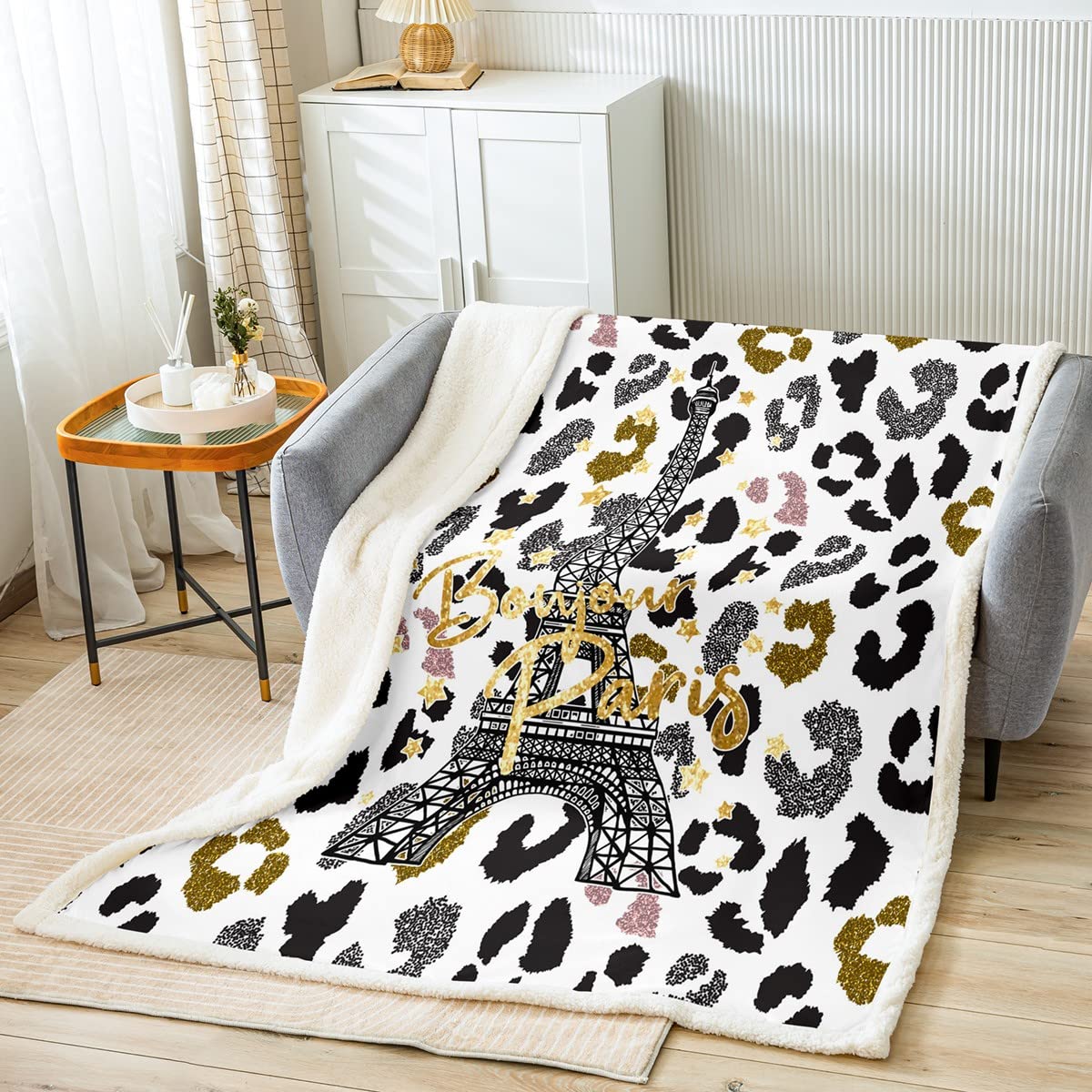 Feelyou Eiffel Tower Sherpa Fleece Throw Blanket for Kids, Boys & Girls - Paris Tower Plush, Cheetah Print, Fuzzy, 30x40 Inches