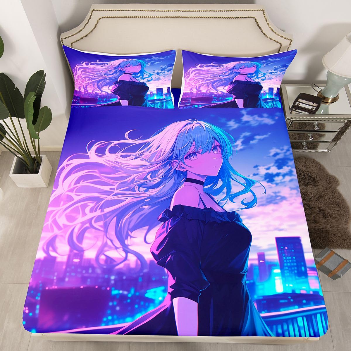 Japanese Anime Girl Bedding Set 3D Anime Gifts Bed Sheets Queen for Kids Boys Guys Japanese Style Fitted Sheet, Cartoon Printed Kawaii Girls Sheets Romance Cherry Blossoms Fitted Bed Sheets