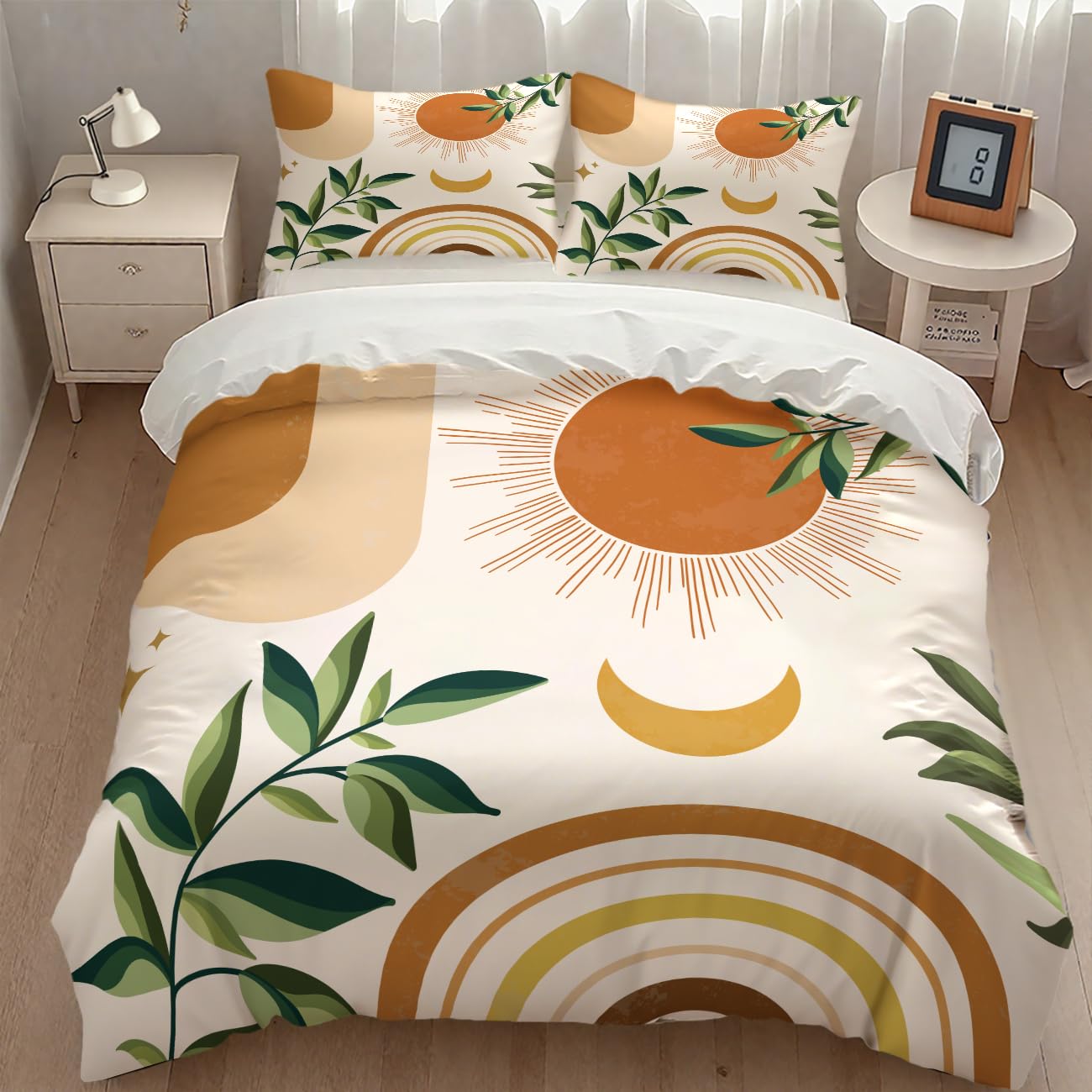 Lnepty Mid Century Leaf Bedding Set,Boho Tropical Nature Plants Modern Minimalist Comforter Set with Pillowcase for Bedroom Bed Decor，Twin 86"x70"