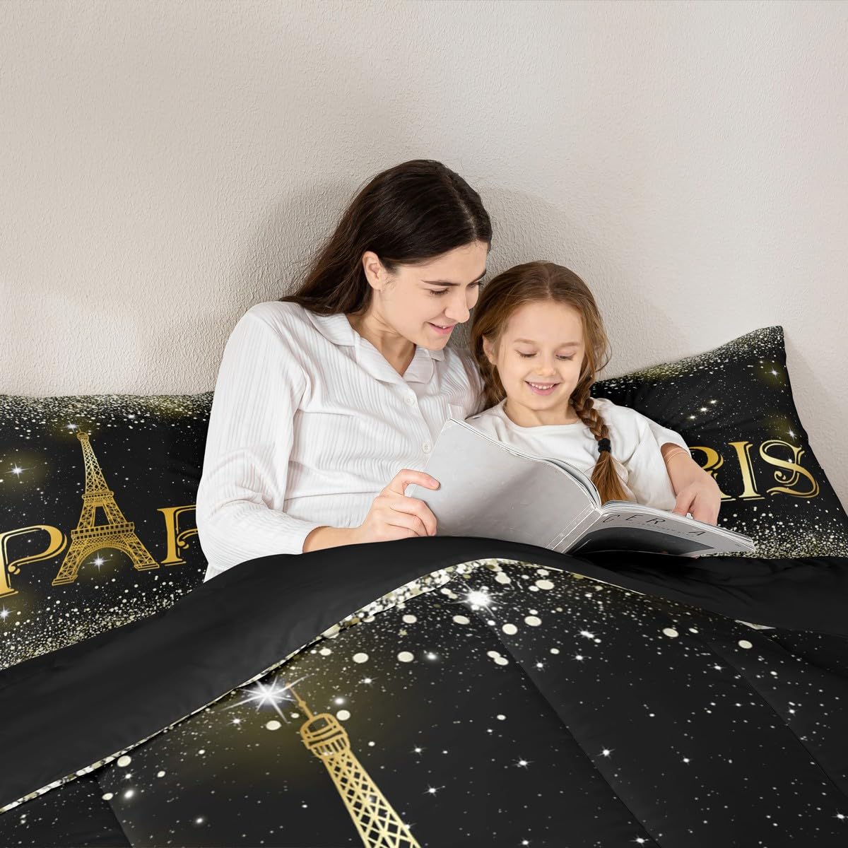Erosebridal 2 Pcs Eiffel Tower Comforter Set,City Building of Paris Quilted Comforter Twin Size,Gold Yellow Ombre Glitter Bedding Set with 1 Pillow Case