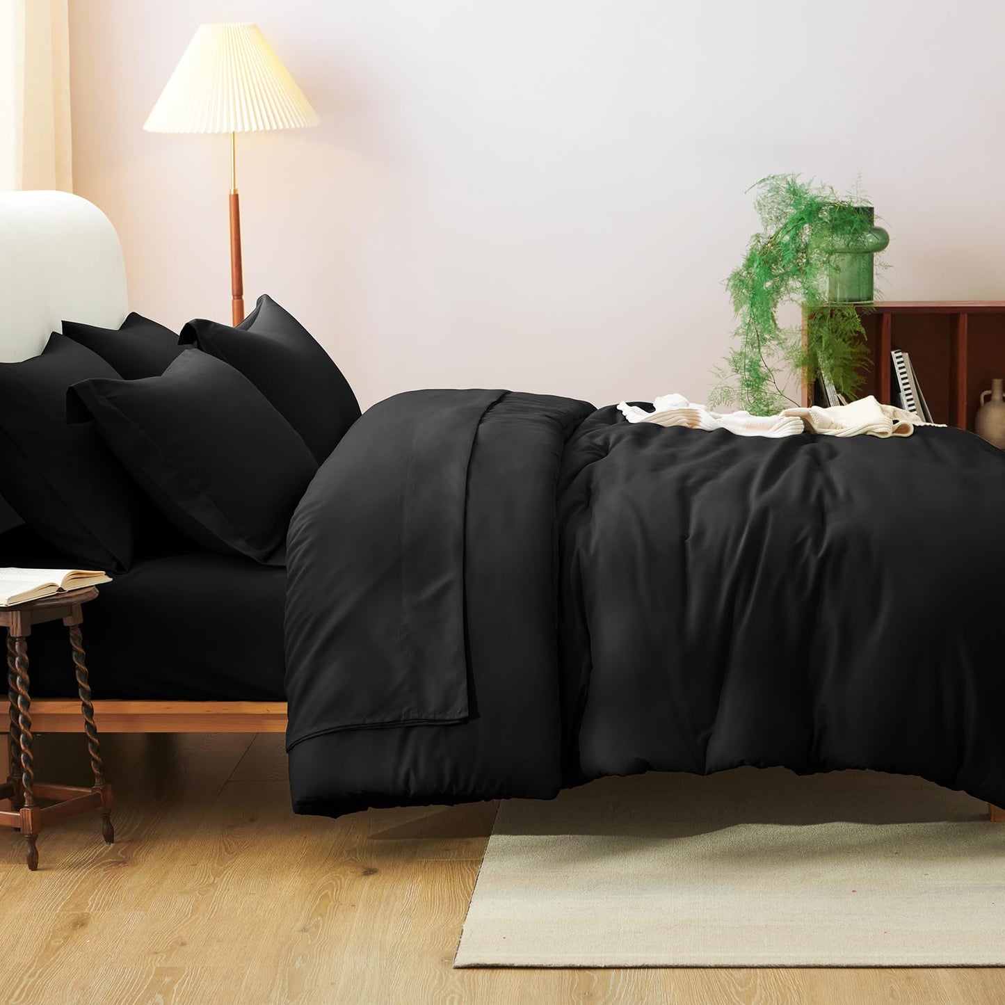 CozyLux Queen Comforter Set Black, 7 Pieces Bed in a Bag Queen Comforter Set with Sheets, Soft Bedding Sets with Down Alternative Comforter, Sheets, Pillowcases & Shams, Bed Set Gift for All Seasons