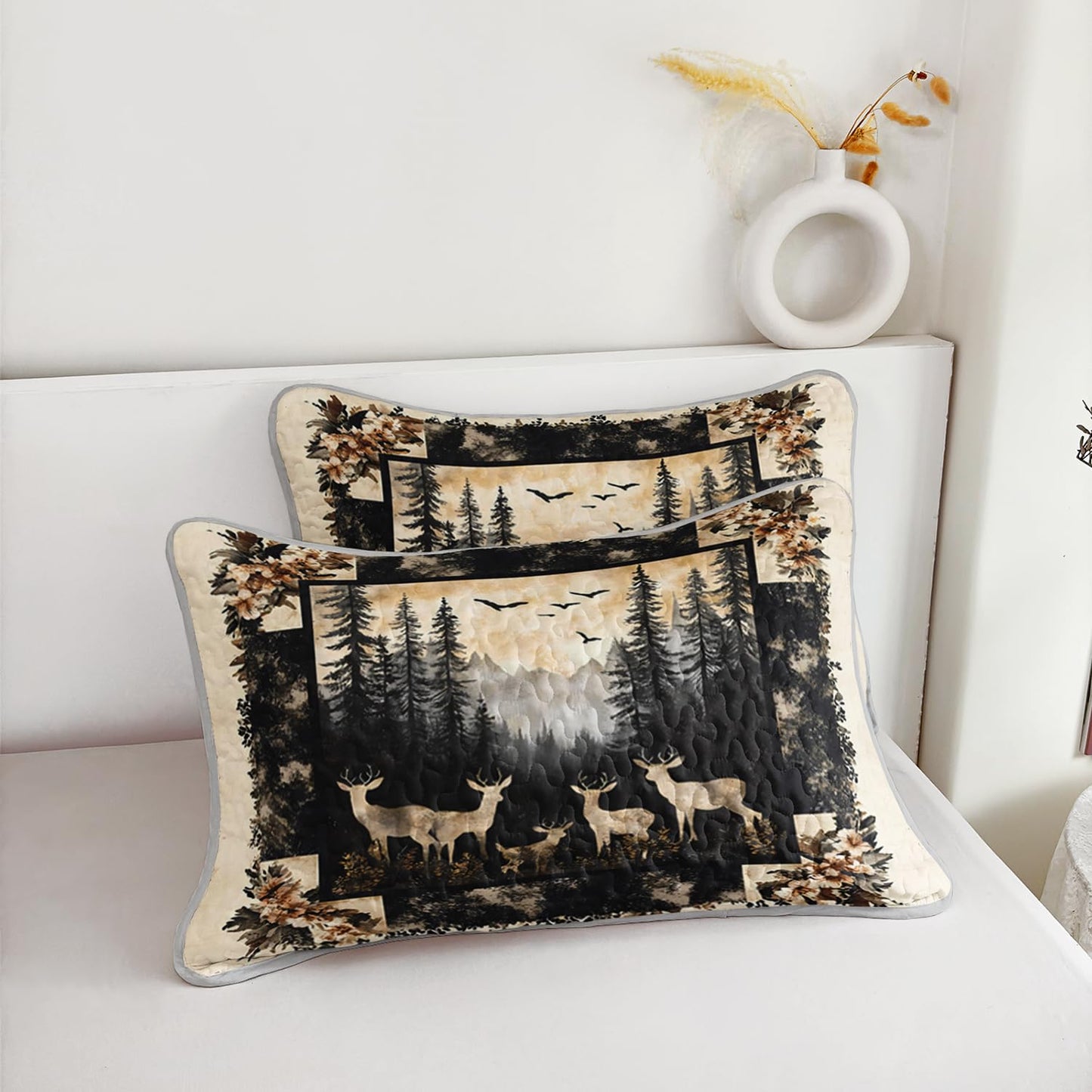 HOSIMA Deer King Bedding Set for Adults,Deer in Forest Print Summer Soft Lightweight Quilt,Floral Pattern Plaid Animal Bedding for Aesthetic Room Decor with 2 Pillowcases.