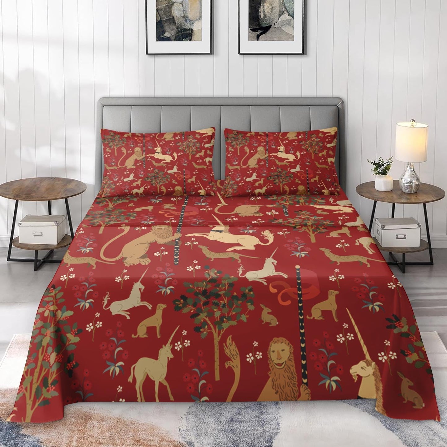 Pamnest Full Size Bed Sheet Sets, Medieval Beige Lion Soft Microfiber 4 Pcs Bedding Sets for Kids and Adults Bedroom Bed Decor, Green Tree Unicorn Retro Flat, Fitted Sheet and 2 Pillowcases