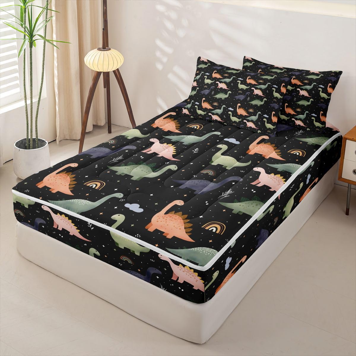 Feelyou Dinosaur Comforter Set Twin Size Zipper Bedding Set for Girls Boys 3D Digital Print Comforter with Fitted Sheet, Pillowcases Jungle Dino Zipper Bedding Soft Breathable Bed in a Bag