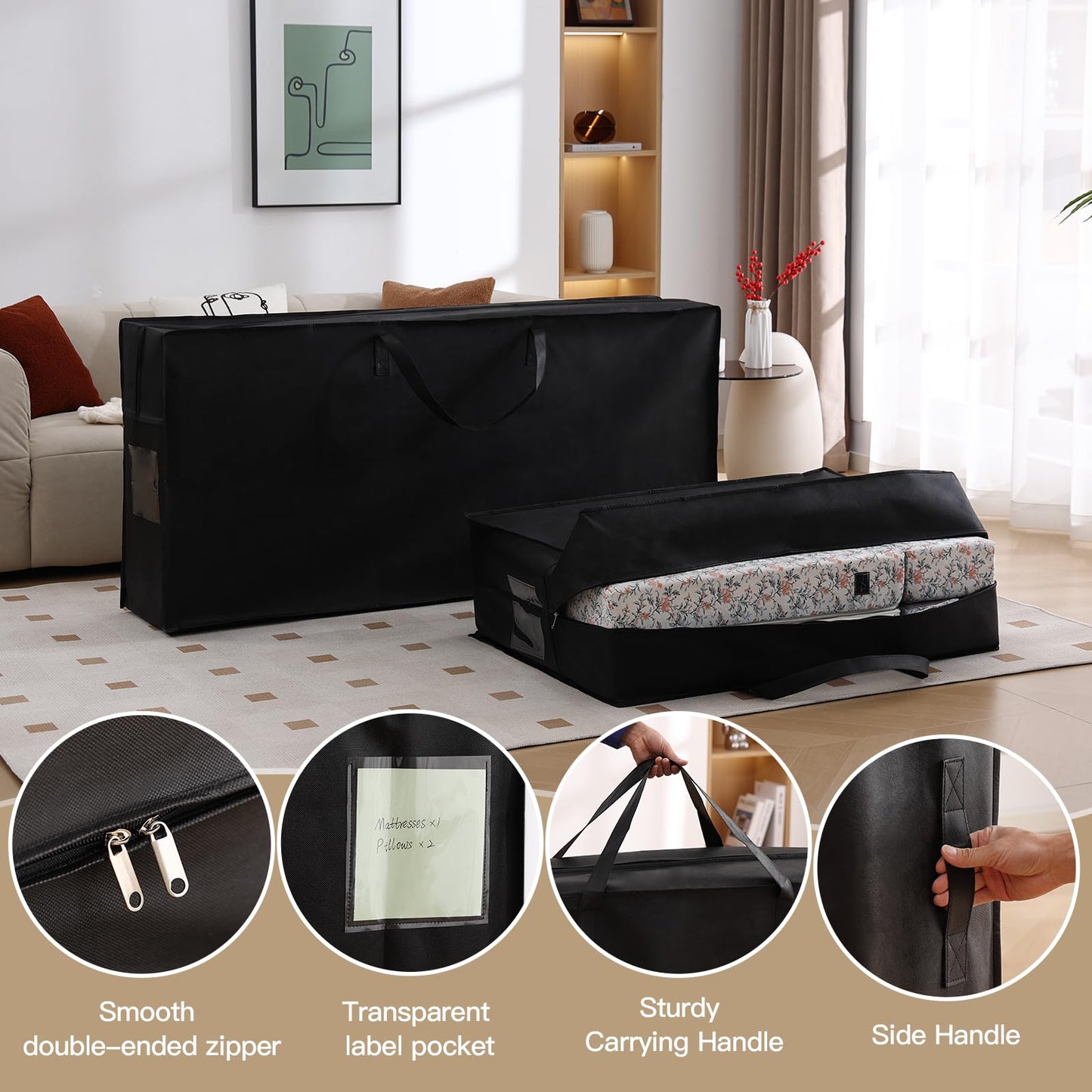 Folding Mattress Storage Bag, Carry Case for Trifold Memory Foam Mattress, Convenient Moving and Travel Storage (Fits4”Twin&Twin XL Mattress, Black)