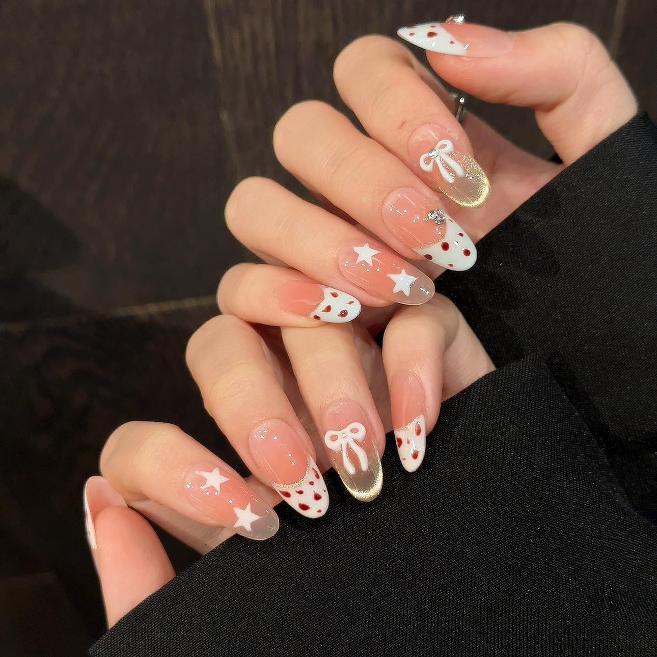 Tesytto Y2k Press on Nails Leopard Print - Gold Glitter French Tip & Bow Design, Medium Almond Nude Pink Gradient Acrylic Fake Nails for Women (Sweet Leopard Chic, M)