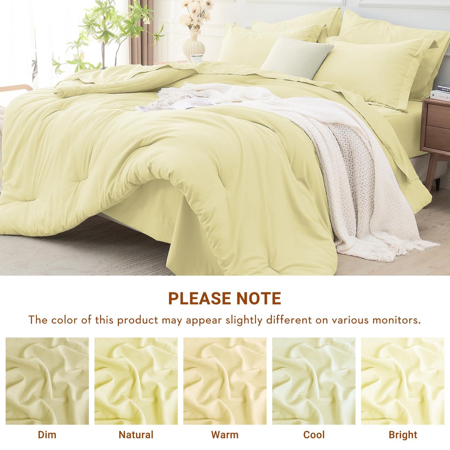 MUXHOMO 7 Pieces King Comforter Set, Soft Bed in a Bag King Size, All Season Bedding Set with Comforter, Flat Sheet, Fitted Sheet, Pillowcases & Shams, Cream Yellow