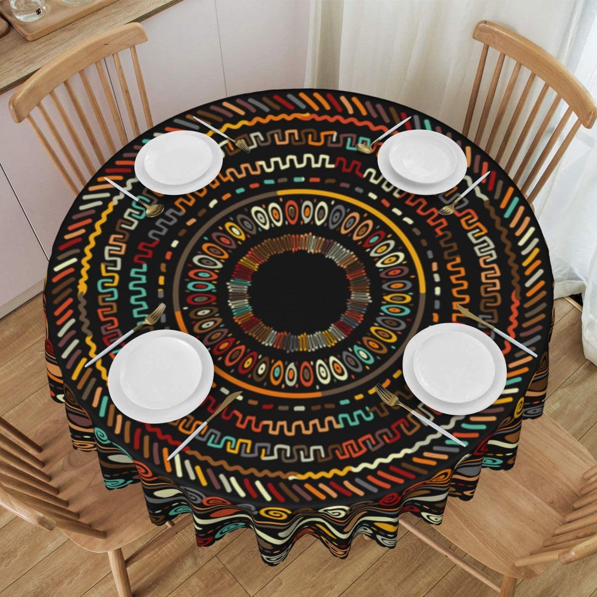 SHADIORA African Tribal Table Cloths, Retro African Abstract Geometric Line Kwanzaa Juneteenth Traditional Ethnic Coffee Table Cover Decor for Kitchen Dining Room Outdoor Home Party, 36" Round