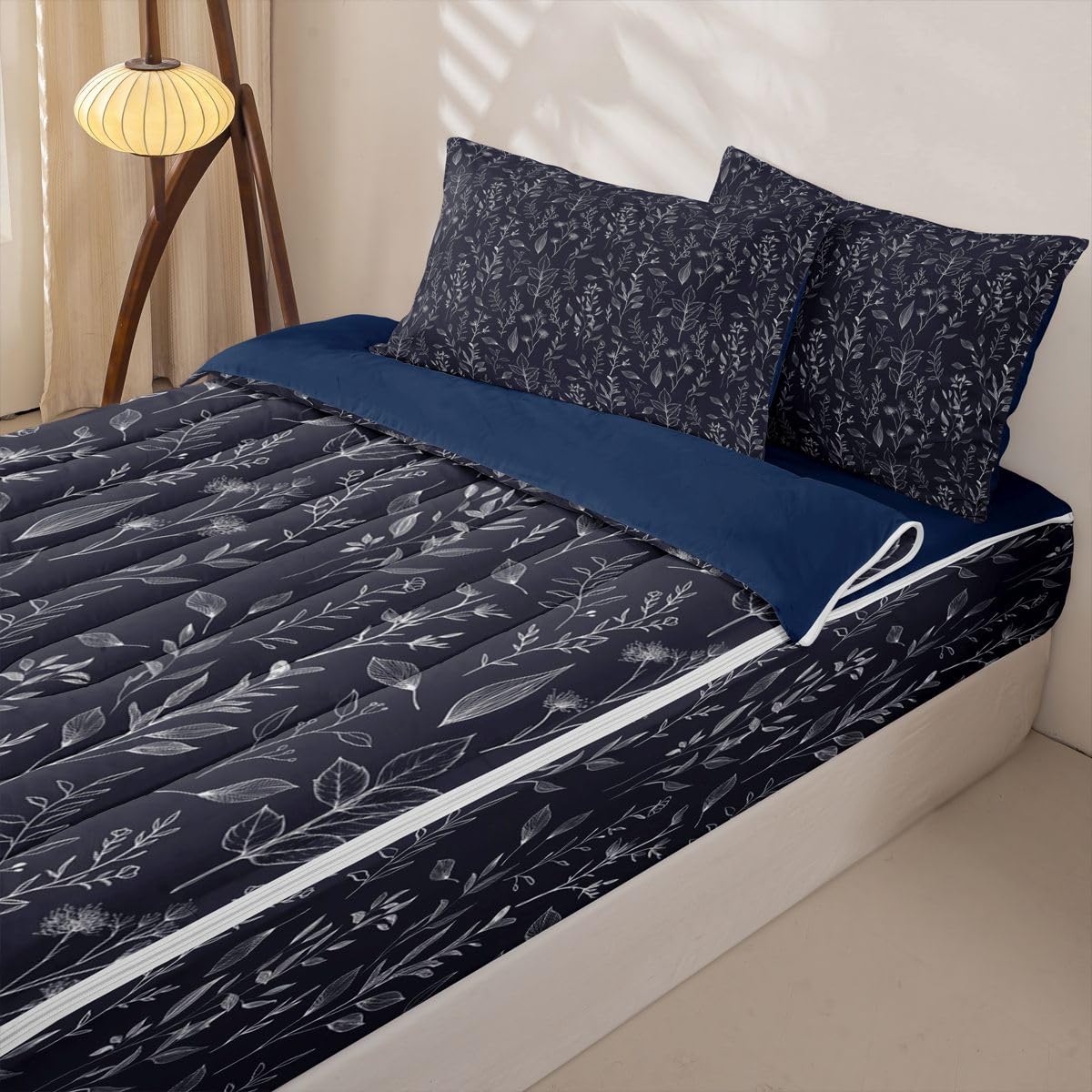 Feelyou Black Floral Zipper Bedding Twin Botanical Bedding Sets for Kids Boys Girls Bohemian Wildflower Comforter Set with Fitted Sheet 2 Pillowcases Boho Flower One Zipper Bed Set for All Seasons