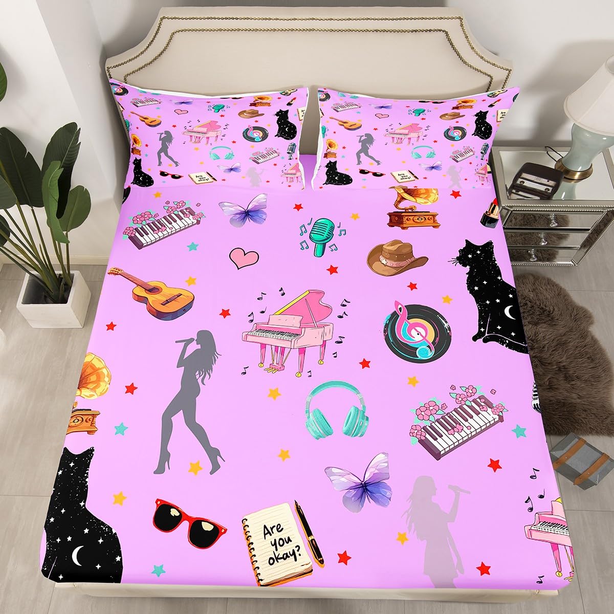 Erosebridal Romantic Purple Sheet Set King Music Themed Bed Sheets Set Black Cat Sheets Butterfly Stars Print Flat Fitted Sheet Modern Fashion Music Gift for Women Girls