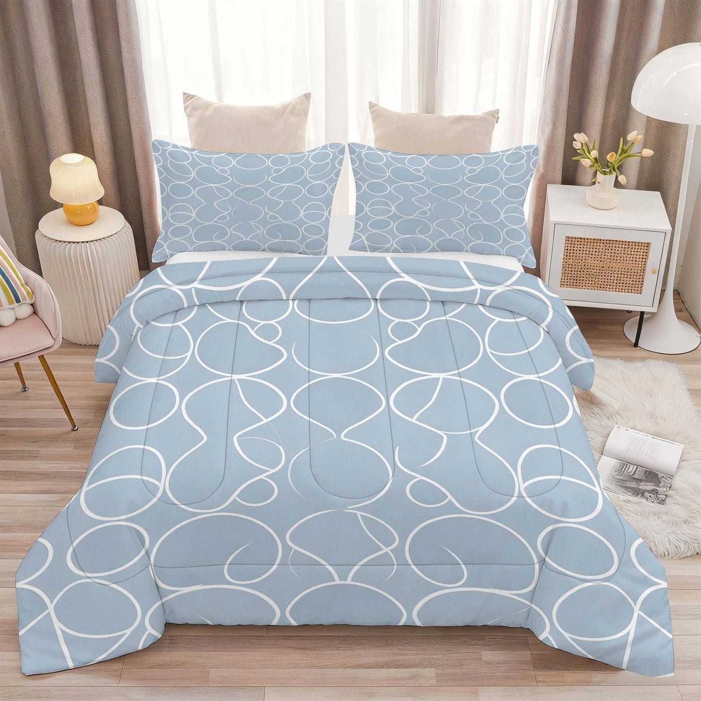 CERYUEE Dusty Light Blue Geometric King 3 Piece Comforter Bedding Set