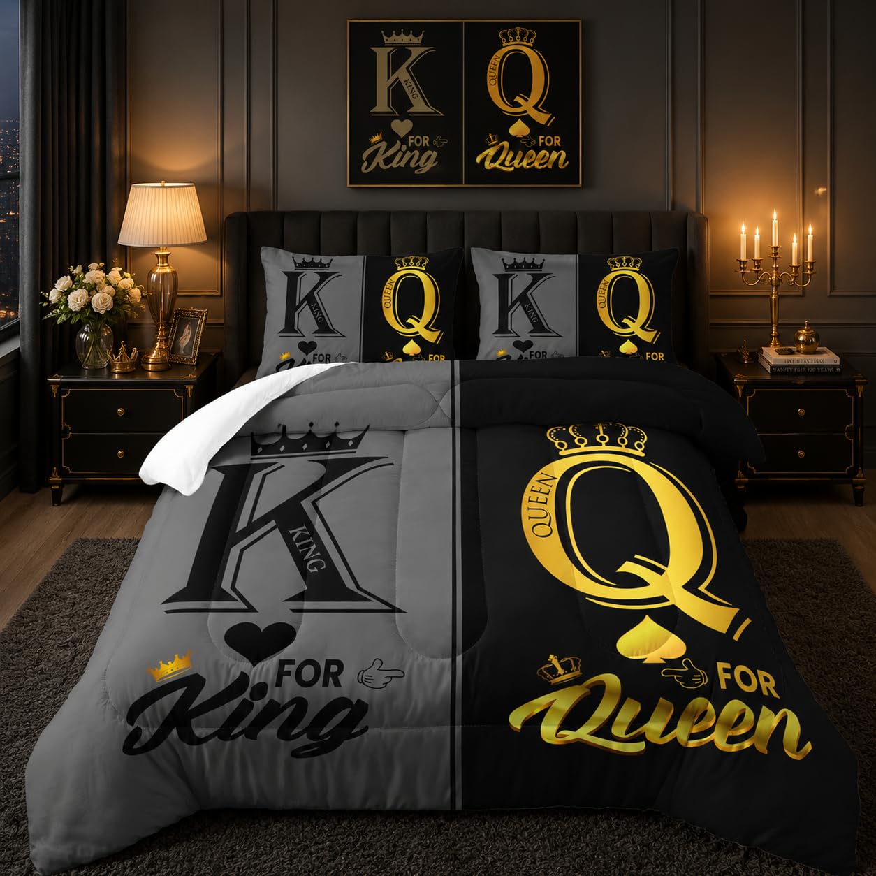Nttopship King and Queen Crown Comforter Set Black and Gray Couple Bedding Set，3Pcs Mr Mrs Comforter Set for Adults Couple Men Women,His and Hers Quilt Set 2 Pillowcases Bedroom Decor Twin