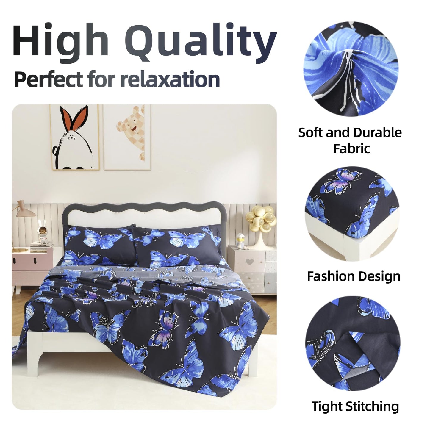 SDY 4 Pieces Butterfly Sheet Sets Queen,Super Kawaii Soft Queen Size Microfiber Bedding Sheet Set for Boys, Girls, Kids and Toddler, Bed in A Bag with 1 Fitted Sheet+ 1 Top Flat Sheet + 2 Pillowcases