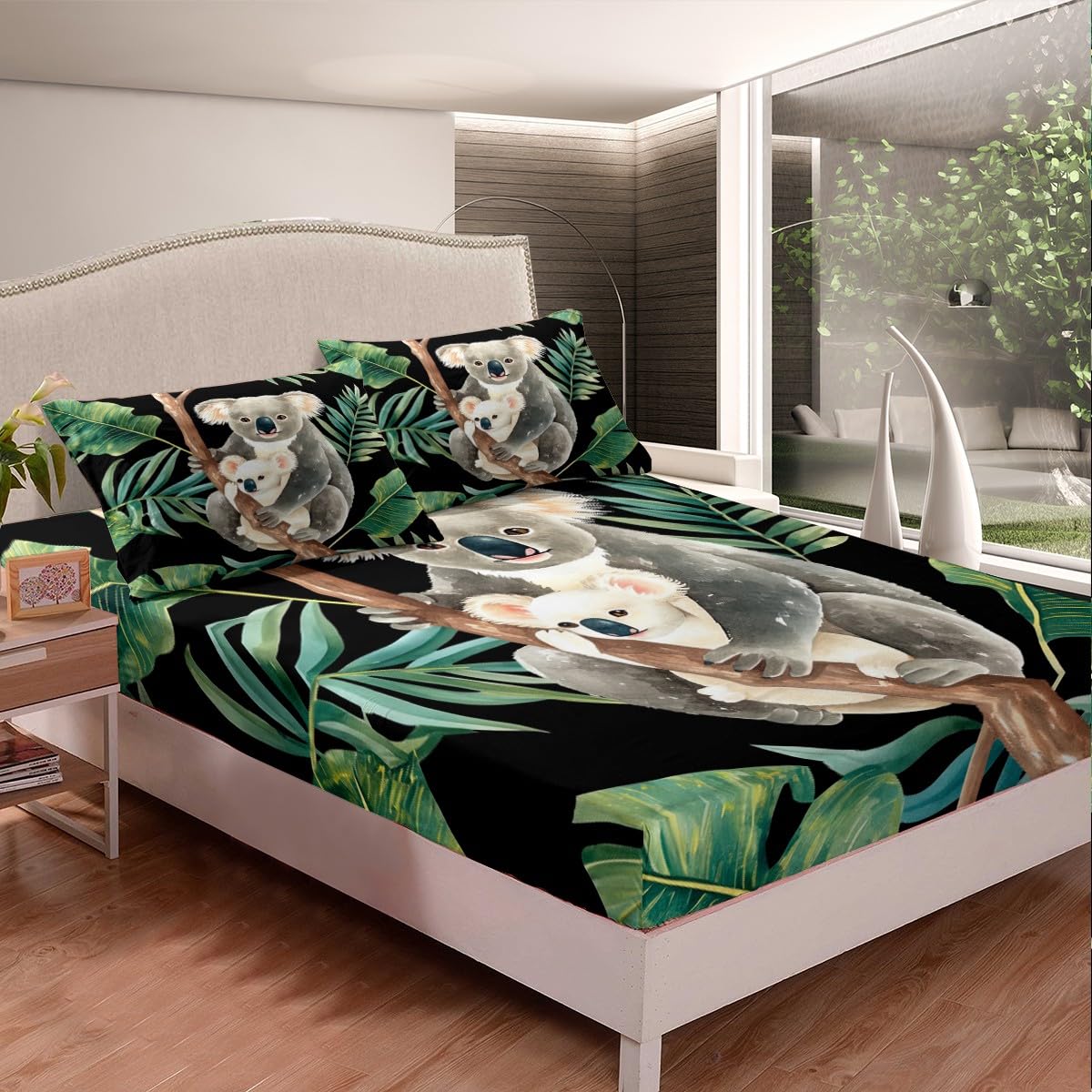 Erosebridal Koala Bedding Set, Cartoon Cute Koala Bed Sheet Twin Size for Kids Boys Girls, Animal Fitted Sheet, Tropical Palm Leaf Bedspread Cover Bedroom Living Room Decor