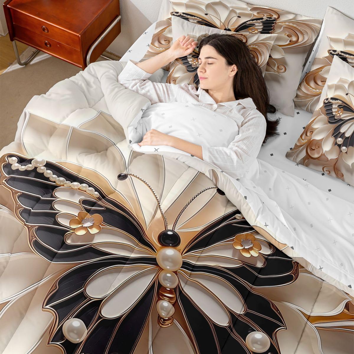 Erosebridal Luxury Butterflies Print 7 Piece Bedding Set Twin Floral Butterfly Print Comforter Set with Sheets Gold Dreamy Bed in a Bag 3D Pearl Flower Bed Sets Comforter