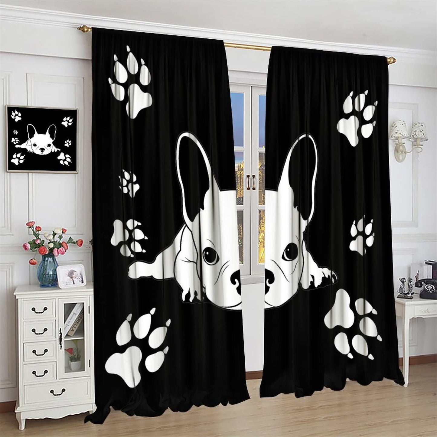 Kazynee Cute French Bulldog Rod Pocket Blackout Curtains for Bedroom - Black White Abstract Hand Painted Dog Paw Puppy Window Drapes,2 Panels 45L x 21W Thermal Insulated Room Darkening Curtains