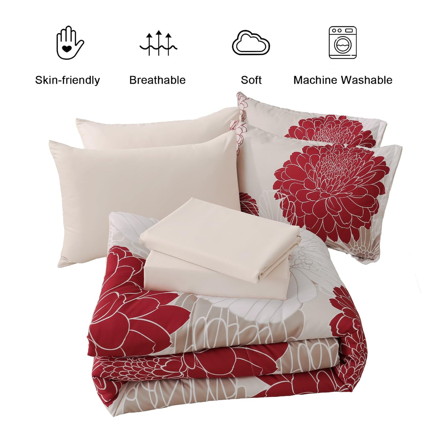 Yiran 7 Pieces Queen Comforter Set Red Floral Bed in a Bag Soft Microfiber Bedding Set 90"×90"(1 Comforter 1 Flat Sheet 1 Fitted Sheet 2 Pillowshams 2 Pillowcases)