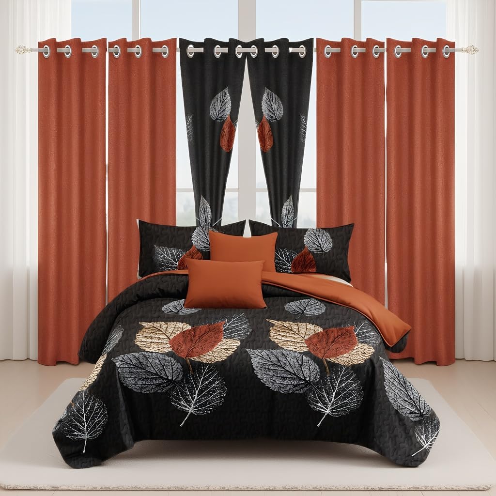 Elegance 9-Piece Leaves King Light Comforter Set, Luxury Bed in a Bag King Bedspread with Matching Curtains Ultra Soft & Breathable Black Brown Floral Bedding, All-Season Decor for Master Suite