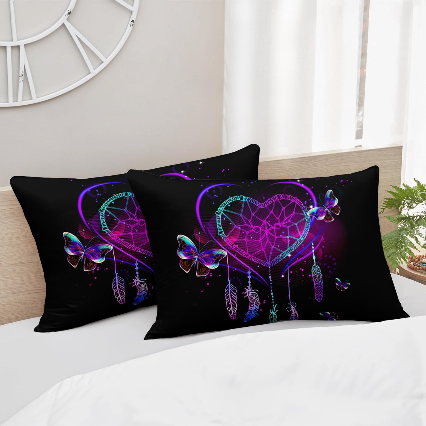 AILONEN Neon Love Comforter Set Queen Size, Valentine Gift Crystal Purple Butterfly Plume Design Bedding Set,Black and Purple Bedroom Decor Print Quilt 3Pcs (1 Comforter+ 2 Pillowcases)
