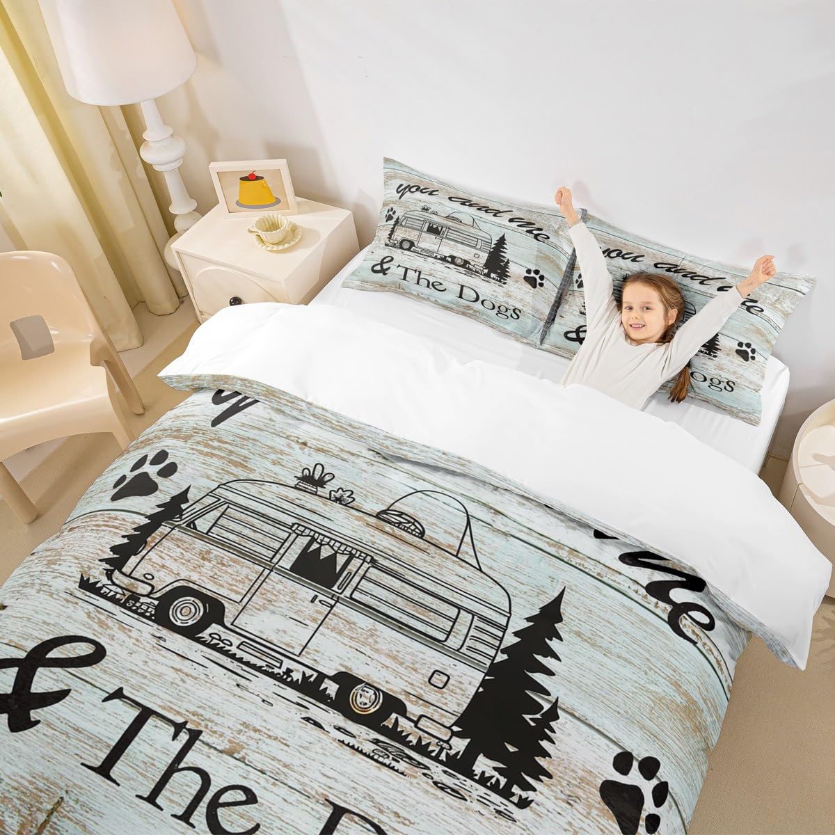 Happy Camping Duvet Cover Set Queen Size, Camper Truck Bedding Set 3pcs for Kids Boy Girls, Adventure Theme Dog Lover Comforter Cover Rustic Farmhouse Quilt Cover with 2 Pillowcases,No Comforter