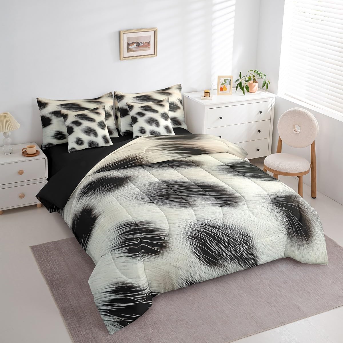 Erosebridal Cowhide Comforter Set King Size for Boys Cute Cow Print Bedding Set 7 Piece Western Cowboy Bed in A Bag for Kids Teens Youth Women Room Farmhouse Animal Hair Sheets, Breathable