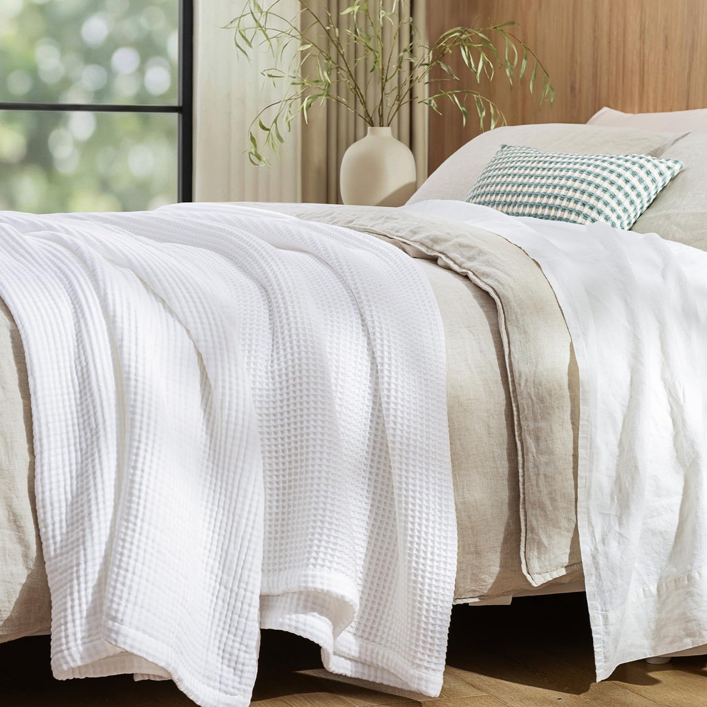 PHF 100% Cotton Waffle & Muslin Blanket Queen Size, Soft Breathable Luxury 400GSM Versatile Reversible Bedding for Bed, Great for Layering in Cold Weather, Home Decor Gift, 90" x 90", White