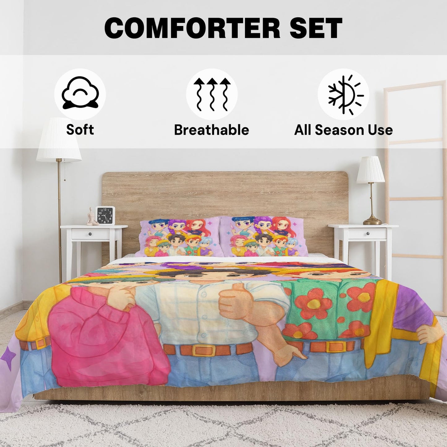 Allenjoy Dreamy Purple Korean Hunter Music Comforter Set with 1 Pillowcase for Girls Teens Women Fans Daughter Bedroom Nursery Bedding Room Decor, Machine Washable Durable Twin Size