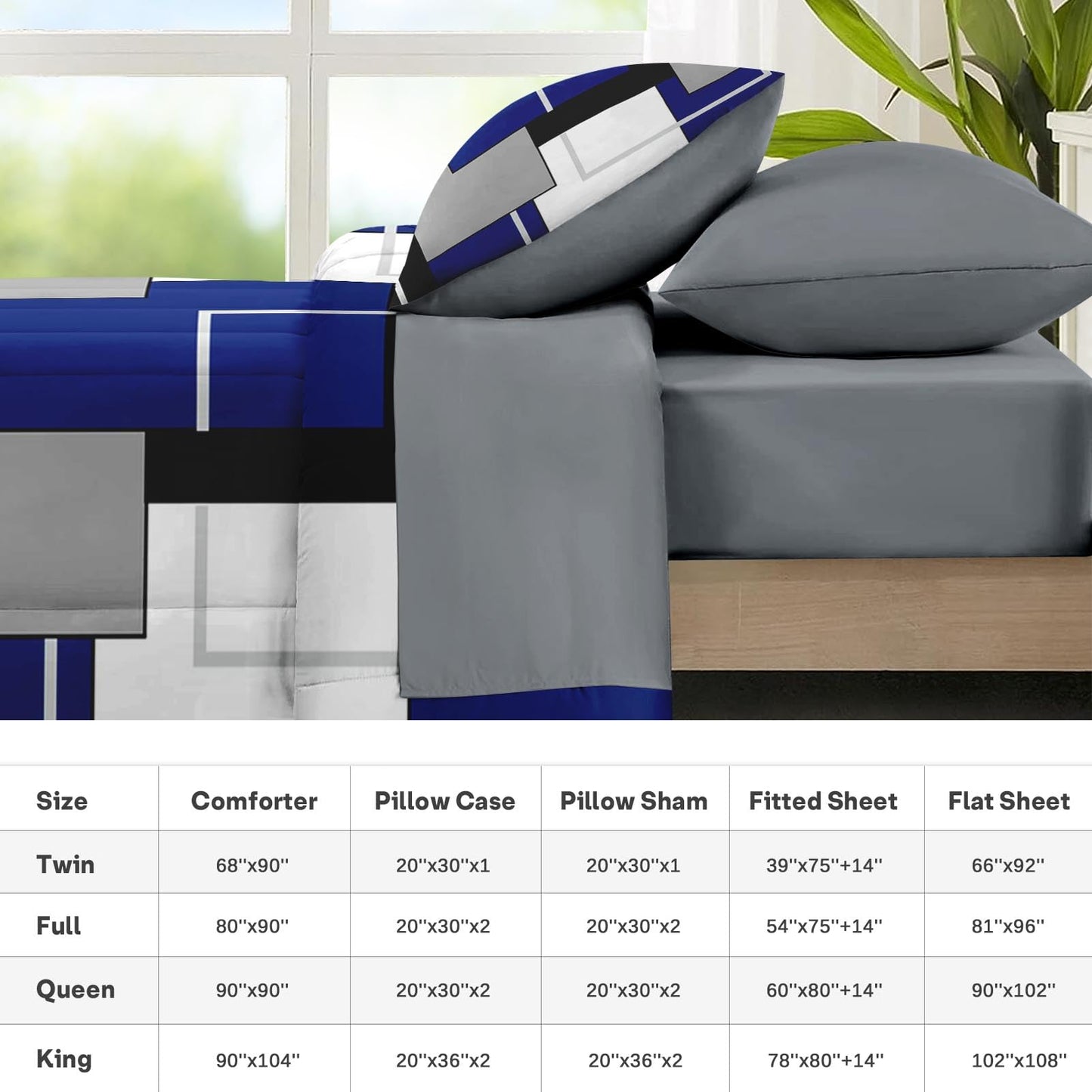 Nesker Comforter Set Queen Size, Blue Black Geometric 7 Pcs Bedding for Kids and Adults, Abstract Modern Grey Bed Sheet Sets with Fitted Sheet 2 Pillowcases & 2 Shams
