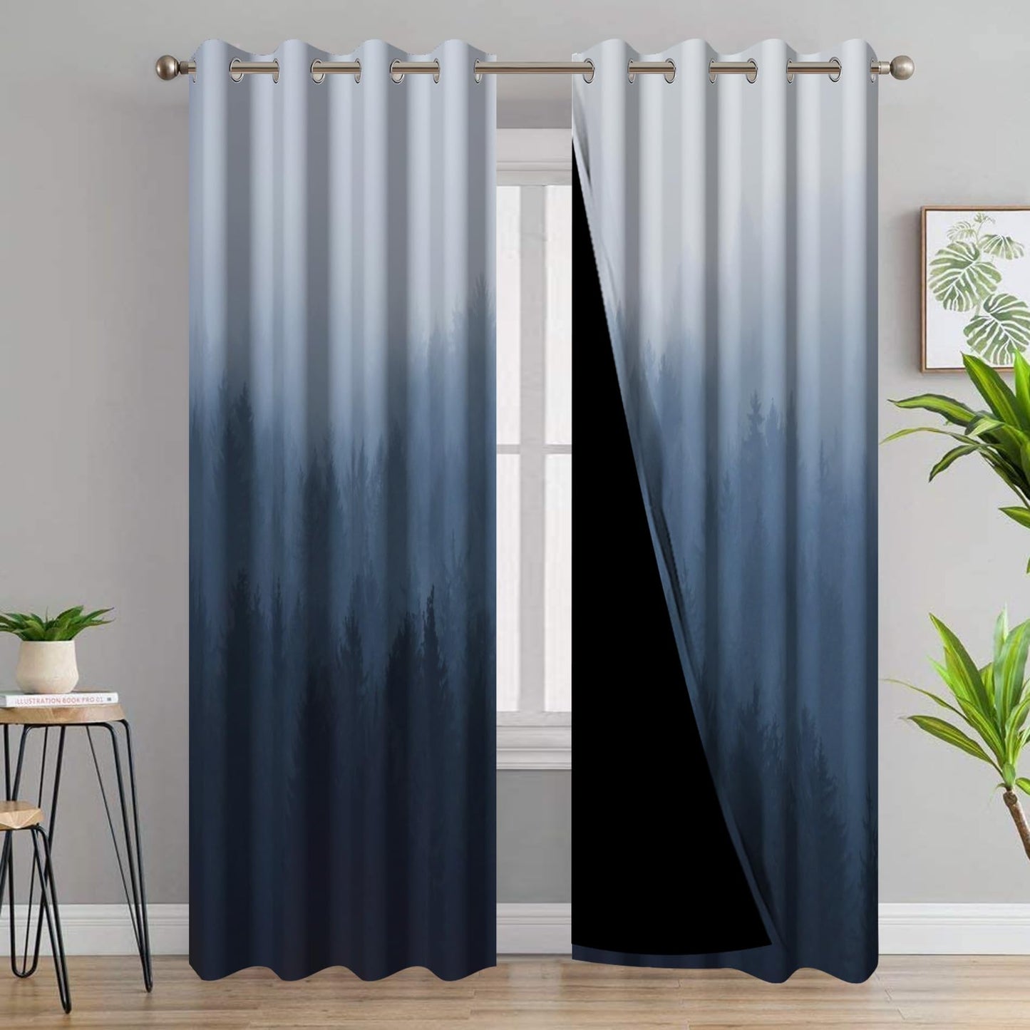 AWERT Blackout Curtains for Bedroom Navy Blue Ombre Forest Window Drapes 2 Panels for Living Room Heat Blocking 21x63inch