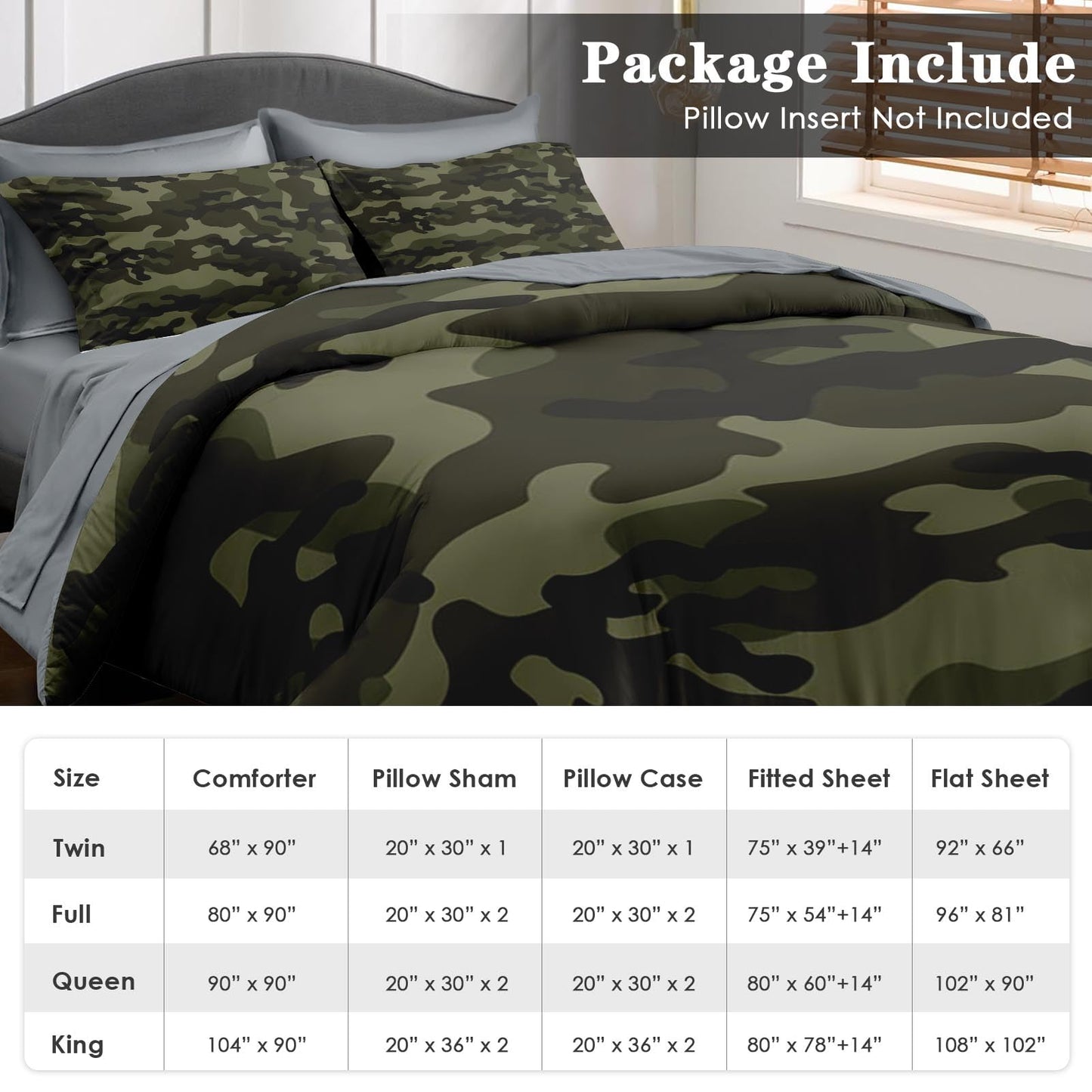 Pamnest Comforter Set Full Size, Army Camouflage Camo 7 Pcs Bedding for Kids and Adults, Military French Green Bed Sheet Sets with Fitted Sheet 2 Pillowcases & 2 Shams for Bedroom Bed Decor