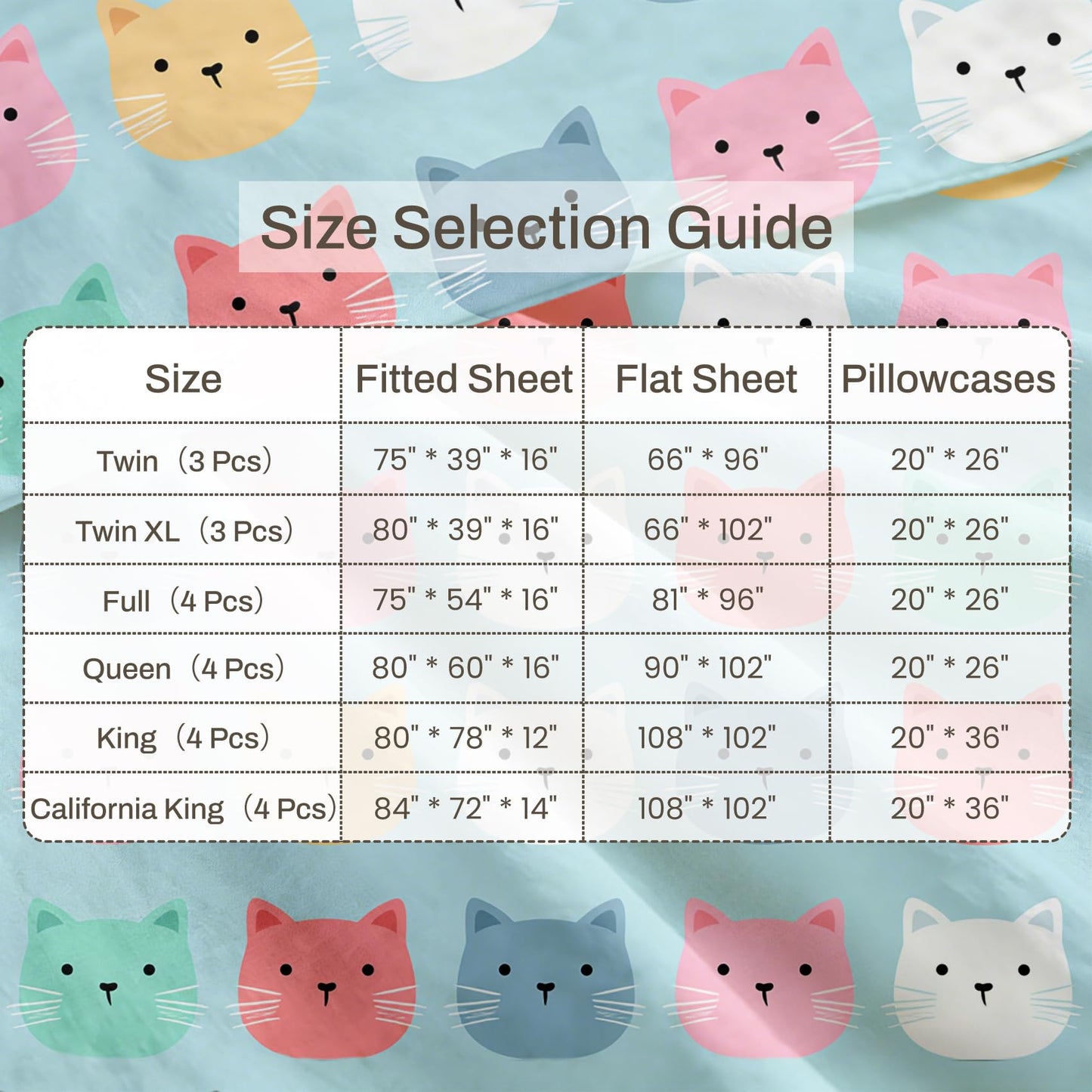Cute Cat Sheet Set, 4 Pcs King Size Girls Kitten Bed Sheets