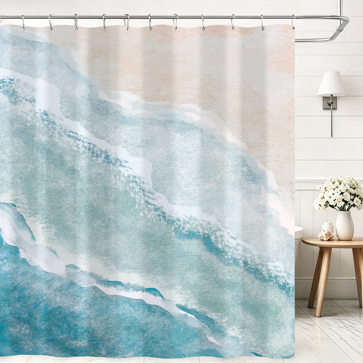 BayNook Beach Ocean Themed Shower Curtain, Teal Blue Coastal Fabric Shower Curtains for Bathroom Decor, Summer Tropical Nautical Shower Curtain Set with Hooks 72x72