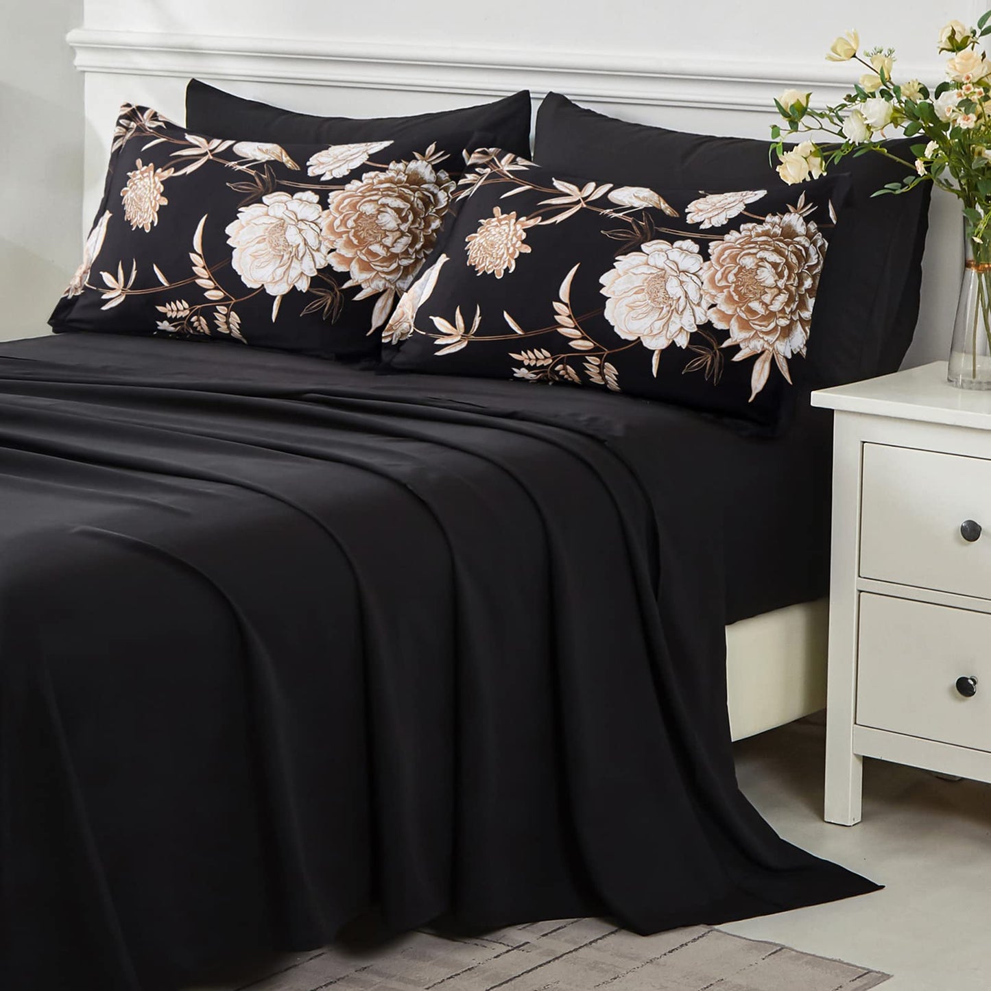 Yogeneg 7 Piece Bed in a Bag Kingsize Comforter Set Botanical Floral Bedding Set,Flower Leaf Brid Printed on Black Reversible Design,Soft Microfiber Comforter with Sheet Set,All Season(Black B,King)
