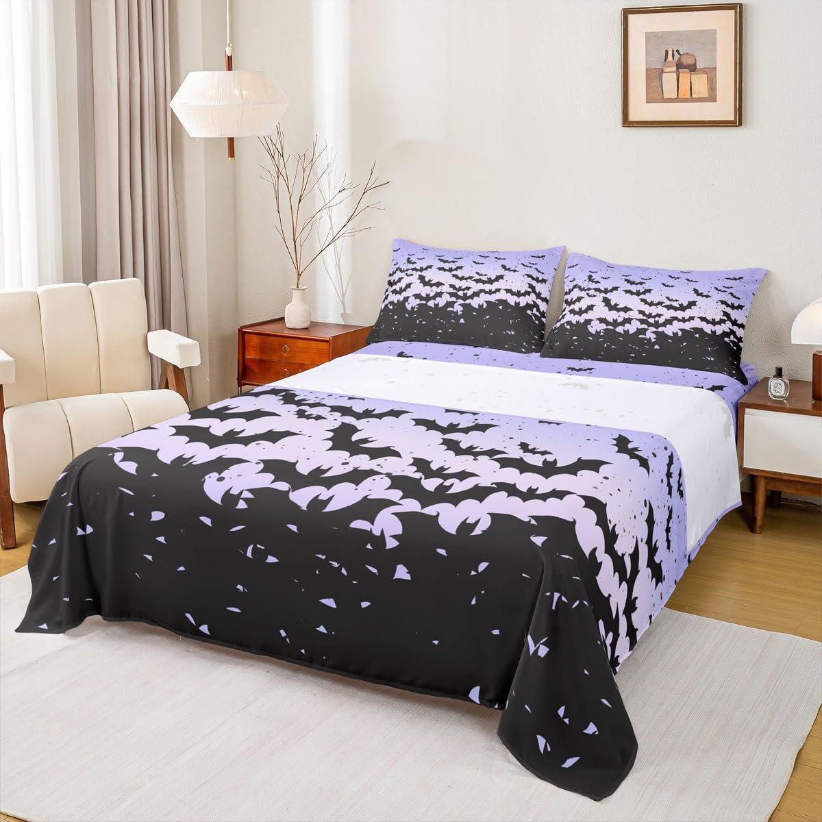 Happy Halloween Kids Sheet Full Size,Black Bats Gothic Chic Bedding Set,Boys Girls Adults Room Decor,Blue Purple Ombre Romantic Simple Style Bed Sheet Set 4pcs(Fitted + Flat + 2 Pillowcases)