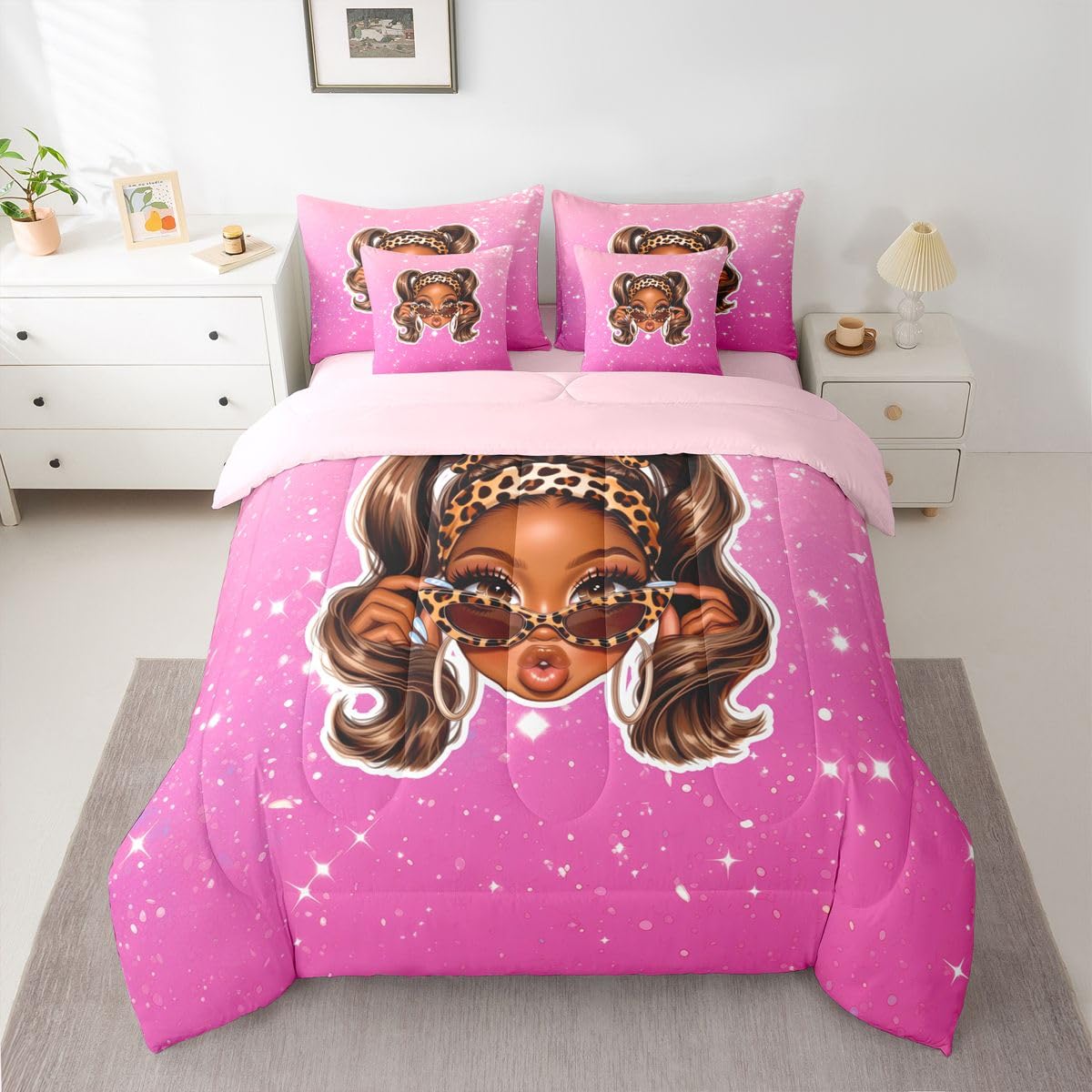 Erosebridal Cute Black Girl Twin Size Bedding Set Cool Y2K Girl 7 Pieces Comforter Set with Sheets for Teens Women Fashion Leopard Print Bed in a Bag Girly Sparkling Decor Bed Sets