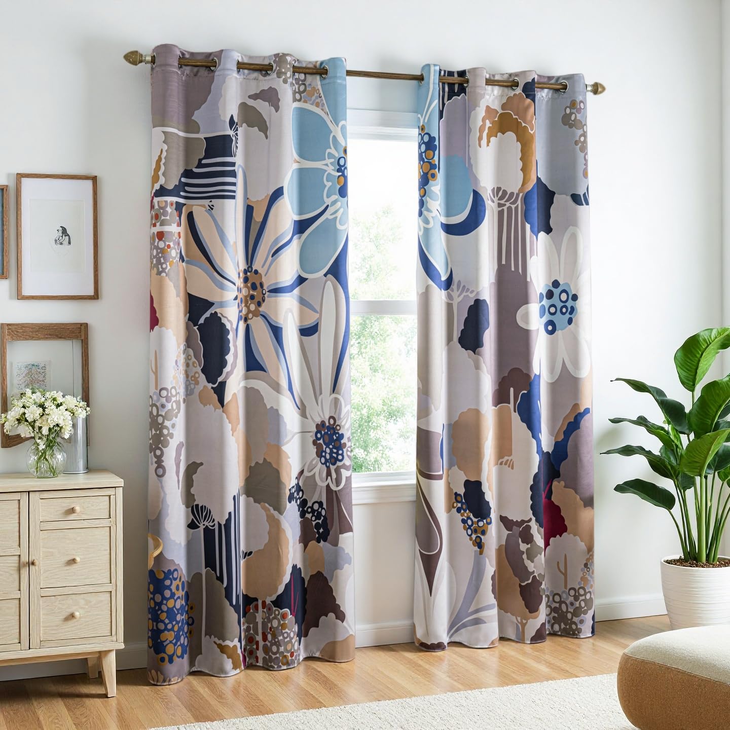 100% Blackout Curtains for Bedroom 84 inch Long 2 Panels Set Grommet Gray Blue Abstract Geometric Floral Patterned Black Out Curtains Room Darkening Window Drapes Treatment for Living Room, 52Wx84L