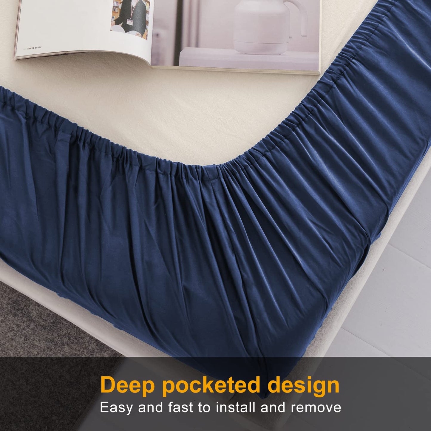 MILDLY Deep Pocket Fitted Sheet Only Queen Size 60"x80" 100% Long Staple Cotton Navy Blue Breathable Bottom Sheet Fits Up to 14" Deep Mattress