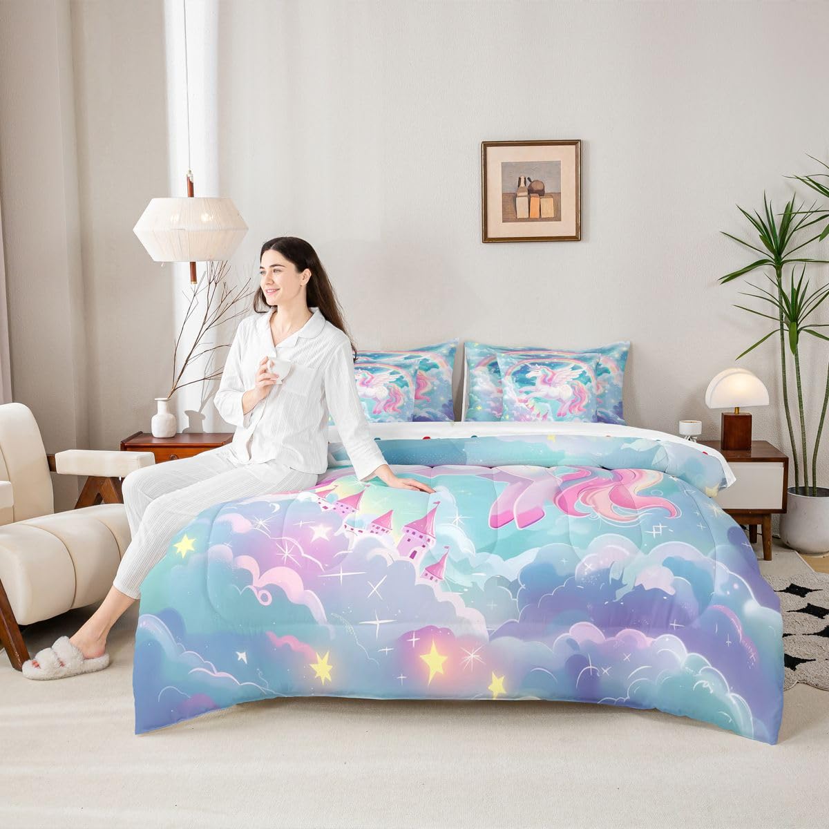 Feelyou Pink Unicorn Twin Comforter Set with Sheets for Kids Boys Girls Rainbow 7 Pieces Bedding Set Princess Decor Bed in a Bag Cute Animal Room Decor Soft Lightweight Microfiber