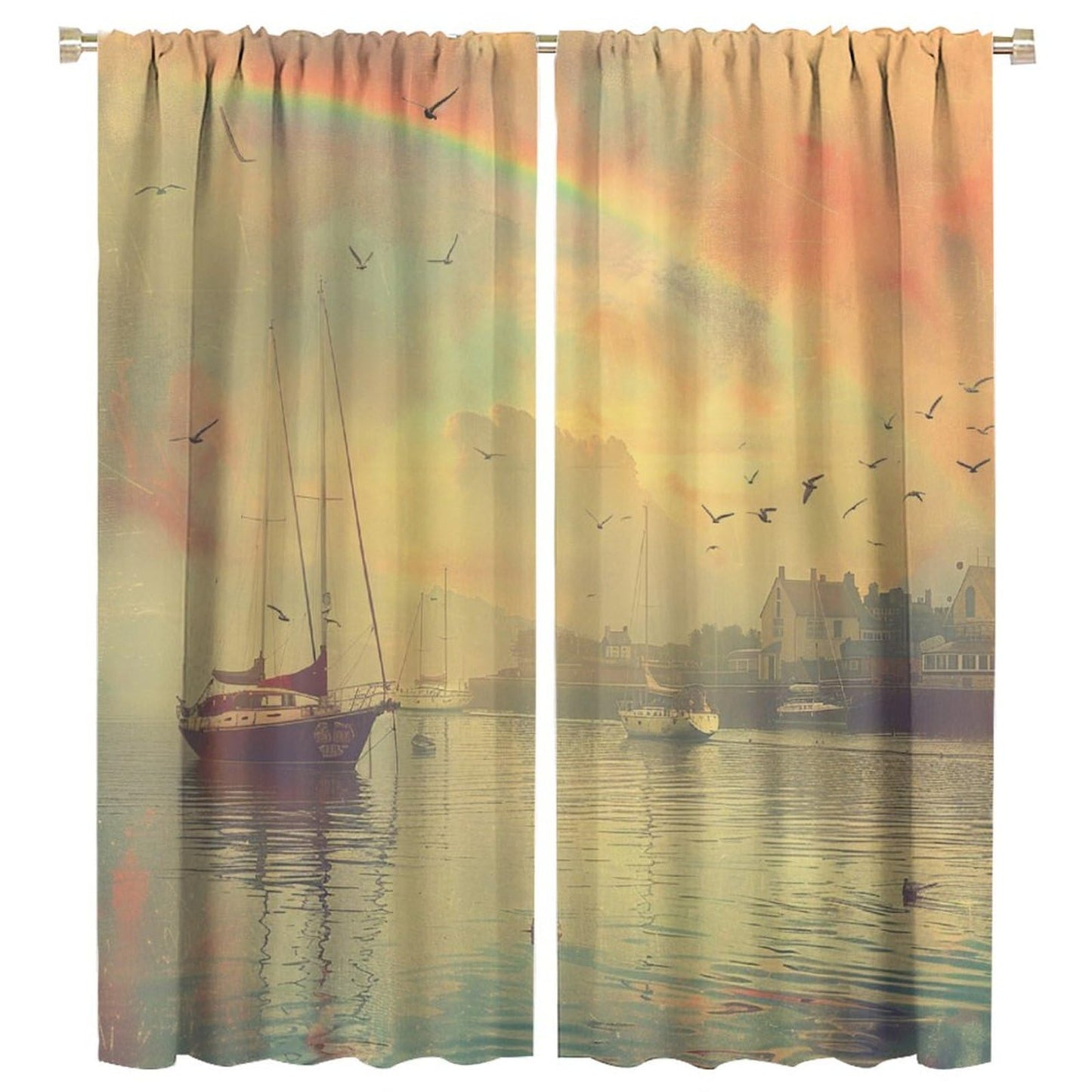 TOWINSFB Vintage Sailboat Nautical Blackout Curtains for Living Room Bedroom, Rainbow Seaside Scenery Window Curtains Rod Pocket Thermal Insulated Window Drapes, 2 Panels, Each 21W x 45L