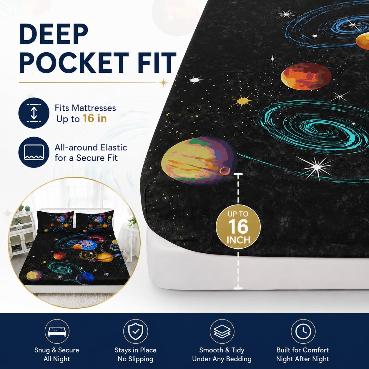 AILONEN Outer Space Twin XL Size Fitted Sheet 3 Pieces Set, Galaxy Starry Sheet for Kids Boys - Eight Planet Theme Soft Breathable Bed Sheet, 1 Fitted Sheet and 2 Pillowcases