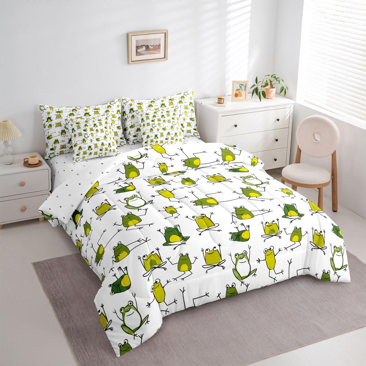 Erosebridal Green Frog Bed in a Bag Queen Comforter Set 7-Piece | Funny Frog Bedding Sets Cartoon Wild Animals Comforter and Sheet Set, Cute Reptile Lovely Wildlife Room Decor