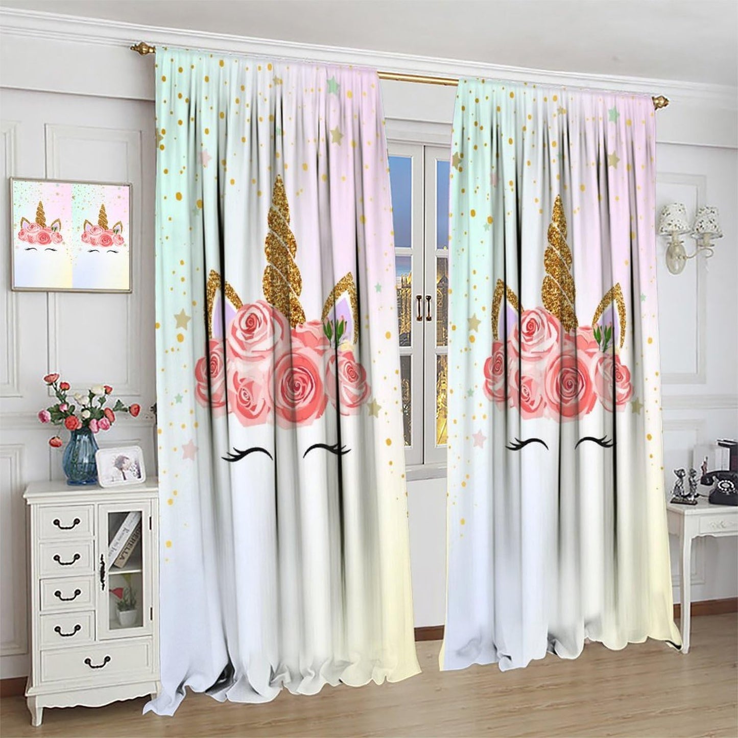 YCness Girls Unicorn Curtains Ombre Rainbow Pink Art Printed Window Drapes for Kids Children Nursery Playroom Room Decor Fabric Set 2 Panel 42x45 Inch 30% Shading Rate