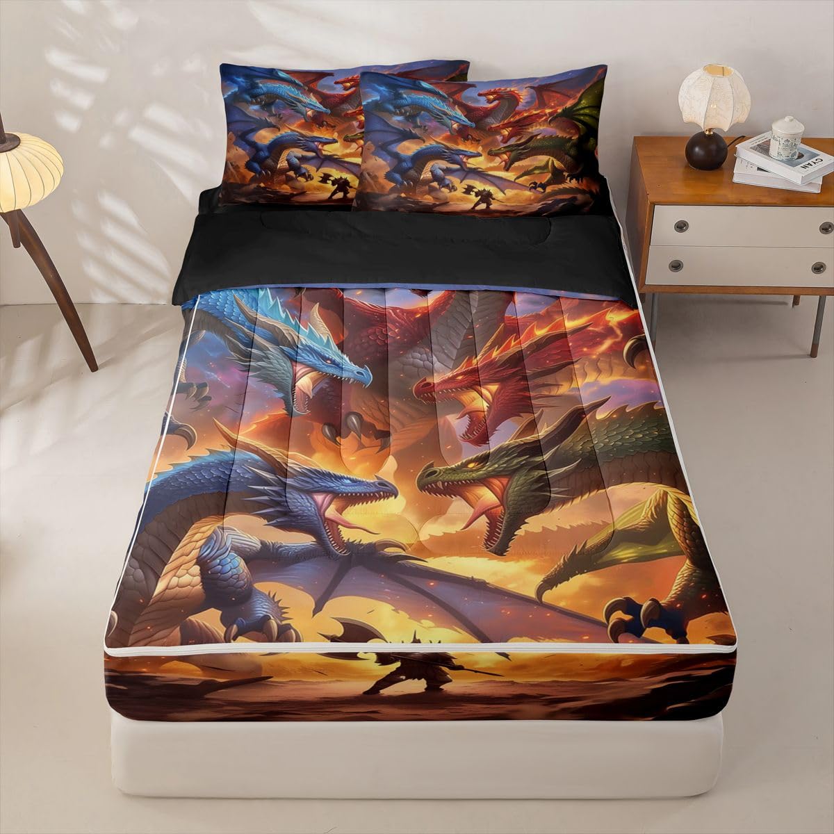jejeloiu Dragon Zipper Bedding for Kids Twin Size Mysterious Animal Bed in a Bag with Sheets, Comforter, Pillowcases Ancient Wild Animal Comforter Set for Boys Girls Flying Dragon Beddingh Sets